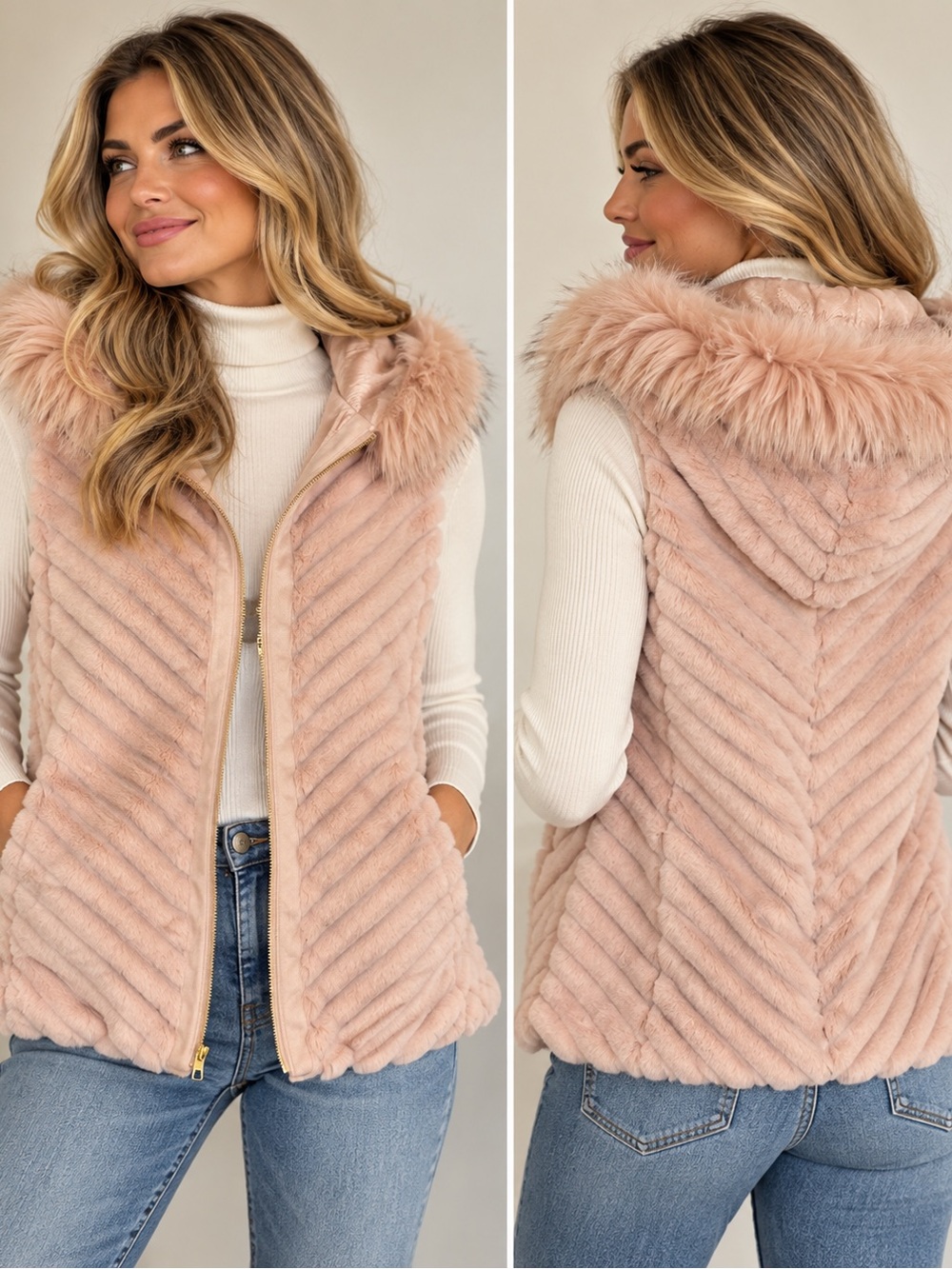 Marc New York Blush Pink Faux-Fur Hooded Chevron Vest